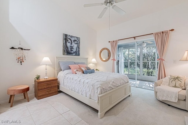 bedroom with access to outside, light colored carpet, ceiling fan, and lofted ceiling