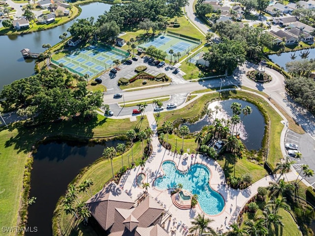 aerial view featuring a water view