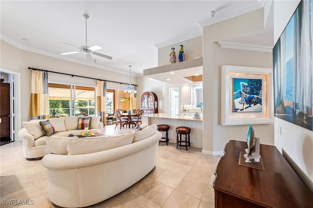 tiled living room with crown molding and ceiling fan with notable chandelier