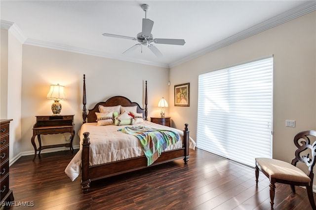 bedroom with dark hardwood / wood-style flooring, ceiling fan, and ornamental molding