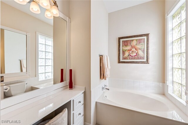 bathroom with vanity, toilet, and a bathing tub