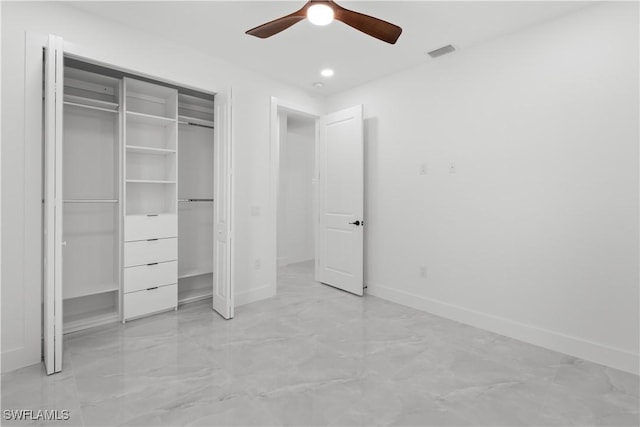 unfurnished bedroom featuring a closet and ceiling fan