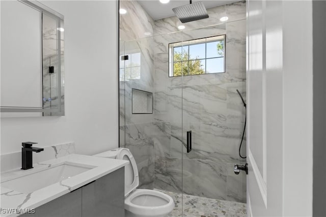 bathroom featuring vanity, toilet, and walk in shower