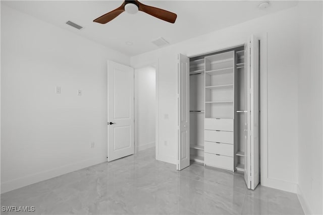 unfurnished bedroom featuring a closet and ceiling fan