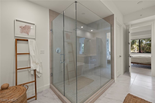1125 Central Ave Unit 269, Naples, FL 34102 - ensuite bathroom with marble finish flooring, a shower stall, baseboards, and recessed lighting