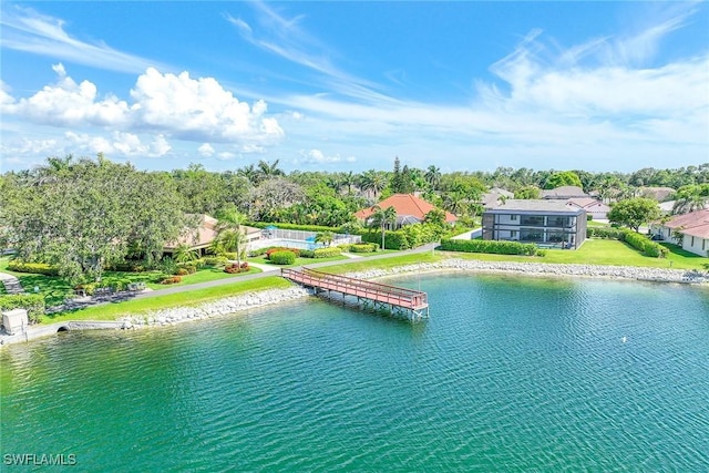 bird's eye view with a water view