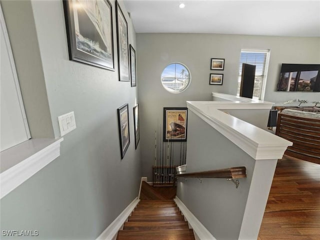 stairway featuring hardwood / wood-style flooring