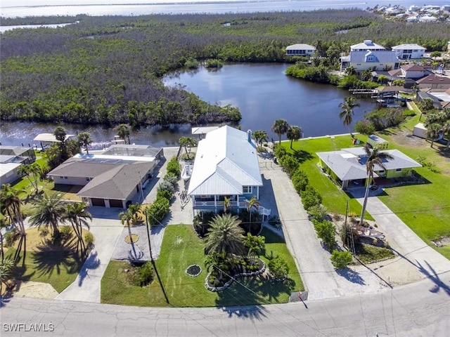 drone / aerial view featuring a water view