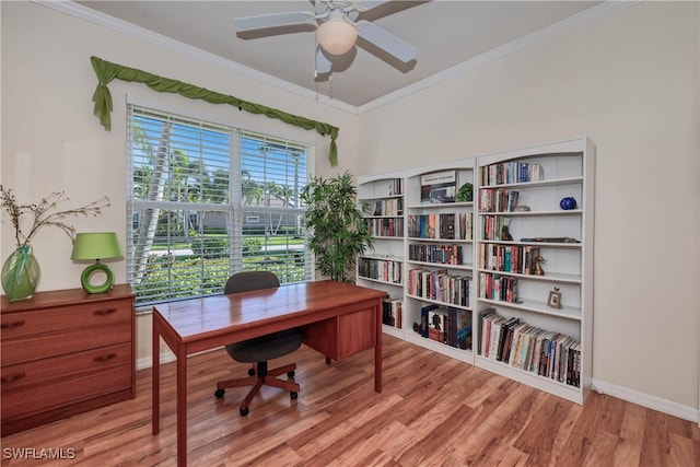 office space with ceiling fan, wood-type flooring, and ornamental molding