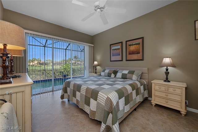 tiled bedroom featuring access to exterior and ceiling fan