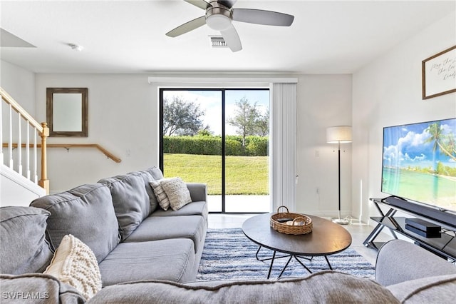 living room with ceiling fan