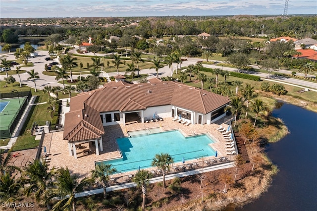 drone / aerial view featuring a water view