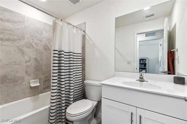 full bathroom with vanity, shower / bathtub combination with curtain, and toilet