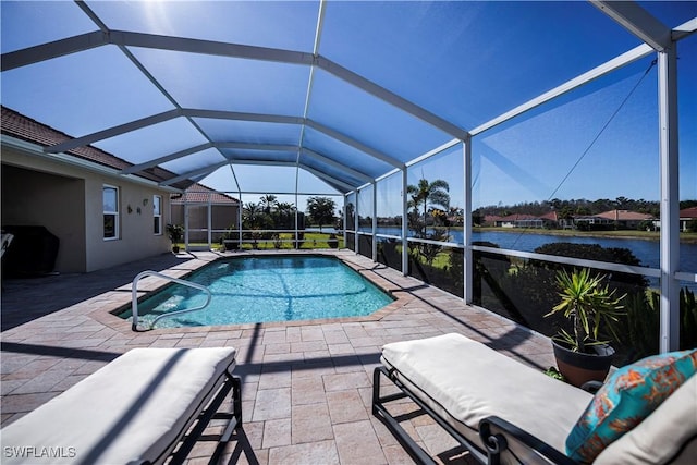 view of pool featuring a lanai, a water view, and a patio