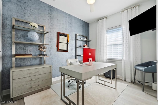 home office with ceiling fan and light wood-type flooring