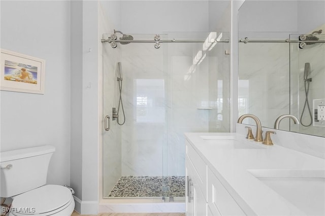 bathroom with vanity, toilet, and an enclosed shower