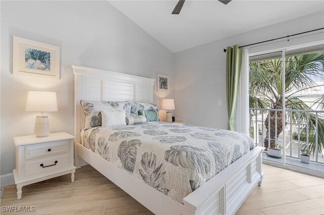 bedroom featuring ceiling fan, access to exterior, light wood-type flooring, and vaulted ceiling