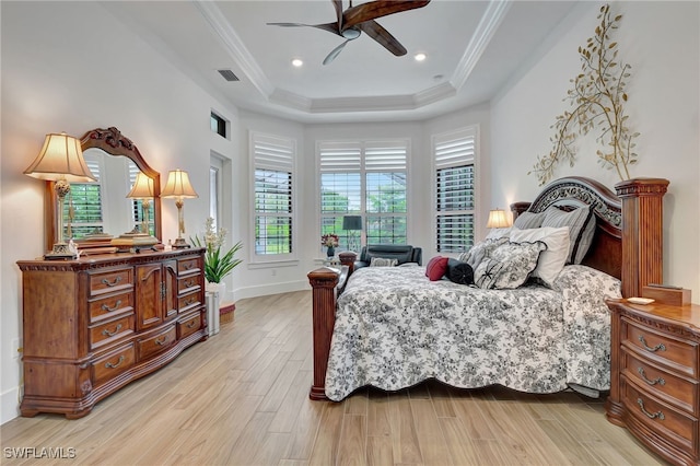 19749 Panther Island Blvd, Estero, FL 33928 - bedroom featuring a raised ceiling, light wood finished floors, baseboards, ornamental molding, and recessed lighting