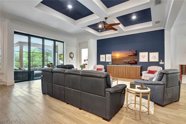 living room featuring ceiling fan, beam ceiling, crown molding, and coffered ceiling