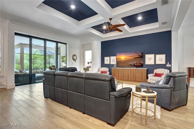 19749 Panther Island Blvd, Estero, FL 33928 - living room with a ceiling fan, light wood finished floors, coffered ceiling, beam ceiling, and ornamental molding