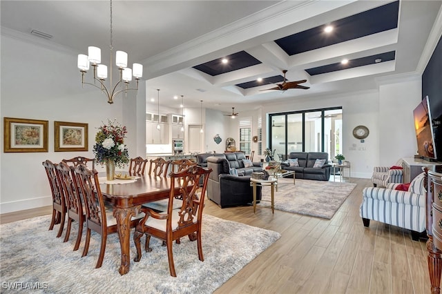 dining room with coffered ceiling, beamed ceiling, crown molding, ceiling fan with notable chandelier, and light wood-type flooring