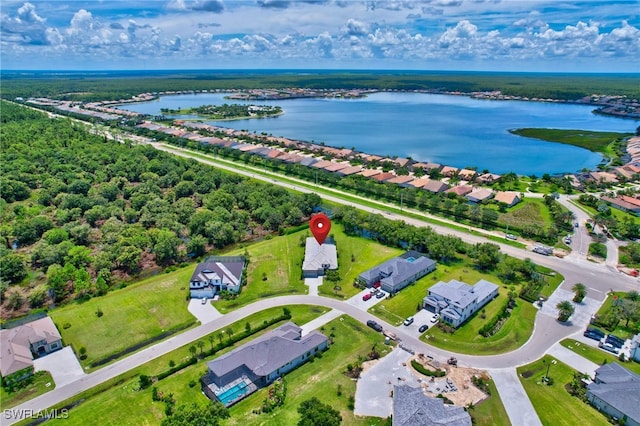 aerial view featuring a water view