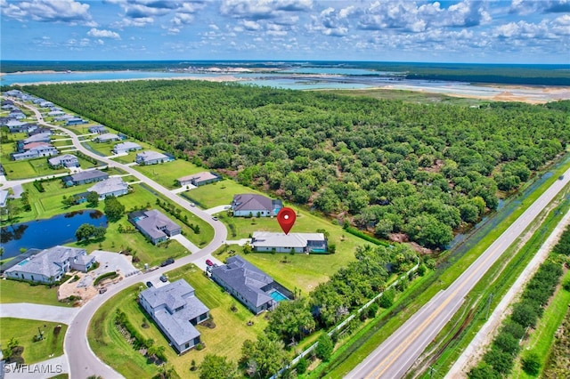 aerial view featuring a water view