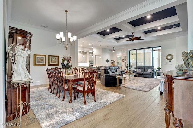 dining area with ceiling fan with notable chandelier, light hardwood / wood-style floors, crown molding, and coffered ceiling