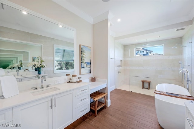 bathroom with vanity, separate shower and tub, a wealth of natural light, and crown molding