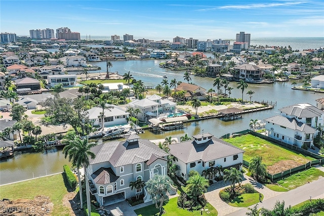 drone / aerial view featuring a water view