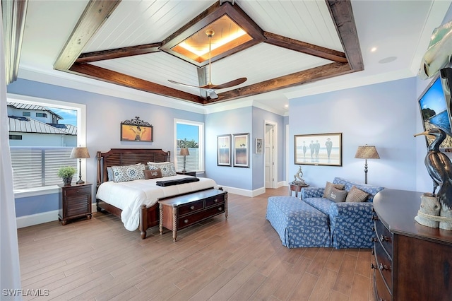 bedroom featuring light hardwood / wood-style flooring, ceiling fan, ornamental molding, and wood ceiling