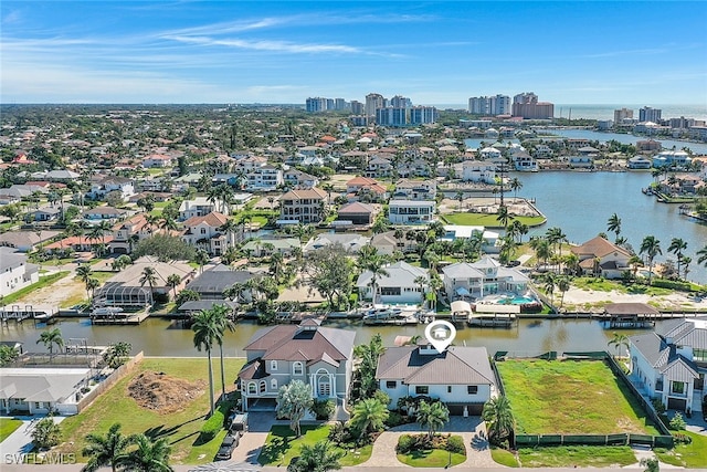 aerial view featuring a water view