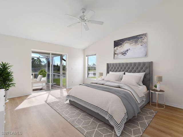 bedroom with access to exterior, ceiling fan, wood-type flooring, and lofted ceiling