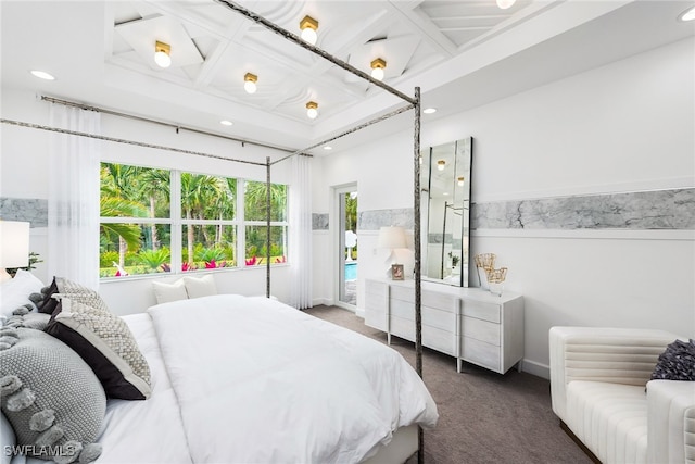 bedroom with carpet floors and coffered ceiling