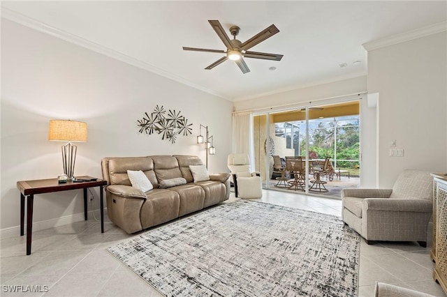 living room with light tile patterned floors, ceiling fan, and crown molding