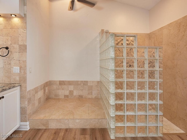 bathroom featuring ceiling fan, walk in shower, and vanity