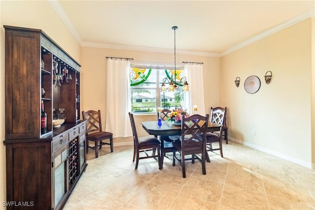 tiled dining space with an inviting chandelier and crown molding