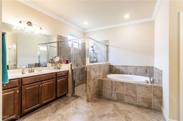 bathroom featuring tile patterned flooring, vanity, ornamental molding, and independent shower and bath