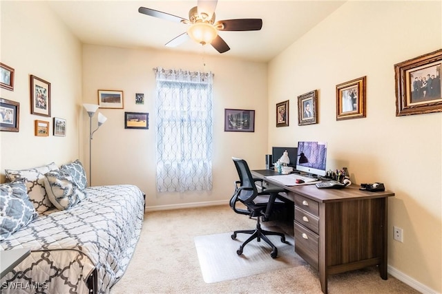 bedroom featuring ceiling fan and light carpet