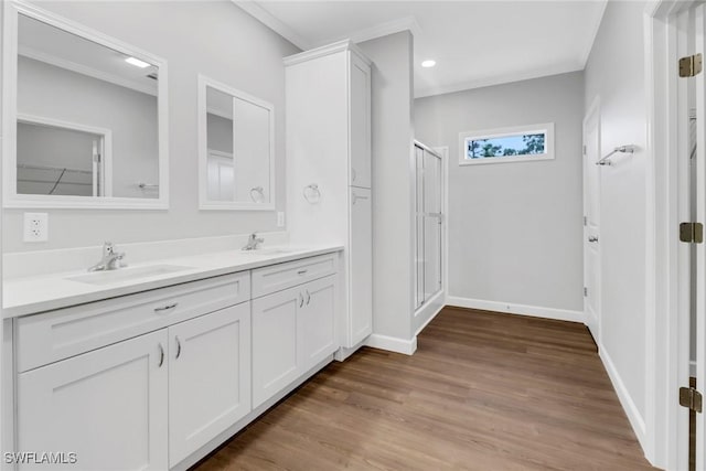 bathroom featuring double vanity, a stall shower, a closet, and a sink