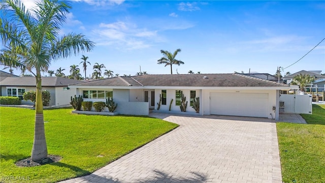 ranch-style home featuring a garage, decorative driveway, a front lawn, and stucco siding