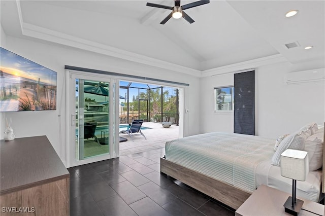 bedroom with a wall mounted air conditioner, access to outside, ceiling fan, high vaulted ceiling, and beamed ceiling