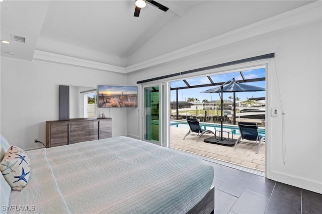 bedroom with access to outside, ceiling fan, tile patterned floors, and high vaulted ceiling