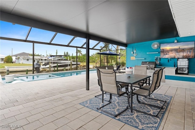 view of patio with glass enclosure