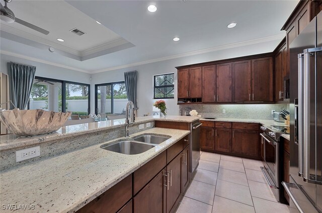 kitchen with light stone countertops, stainless steel appliances, sink, a raised ceiling, and crown molding