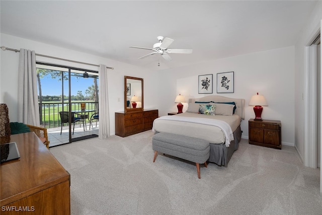 carpeted bedroom featuring ceiling fan and access to outside