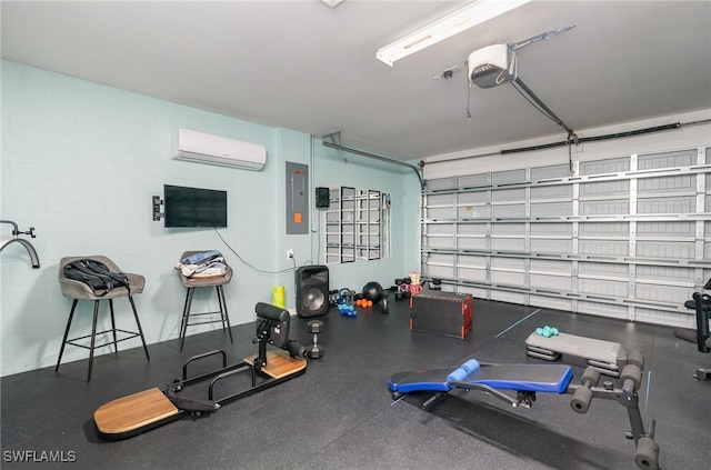 exercise room with electric panel and a wall mounted air conditioner