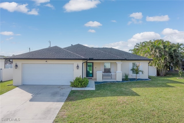 ranch-style home with covered porch, a garage, and a front lawn