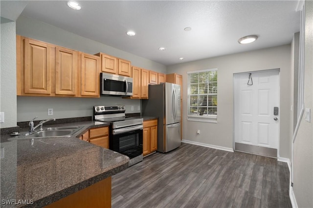 kitchen featuring sink, kitchen peninsula, stainless steel appliances, and dark wood-type flooring