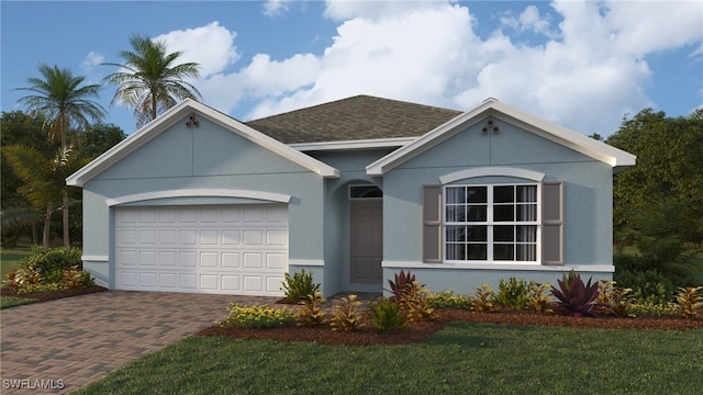 view of front facade with a garage, a shingled roof, decorative driveway, stucco siding, and a front yard